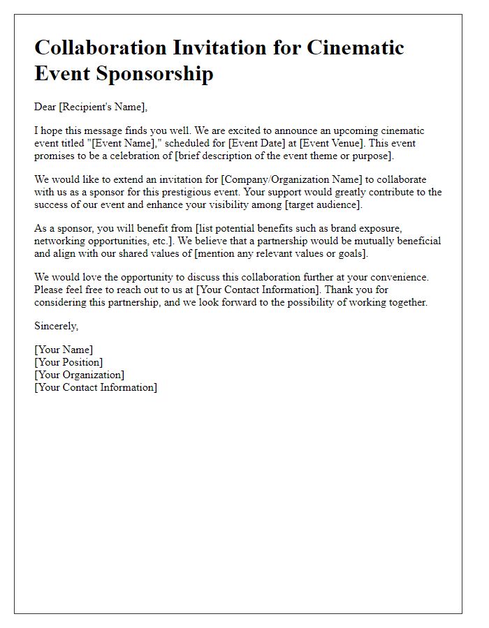 Letter template of collaboration invitation for cinematic event sponsorship.