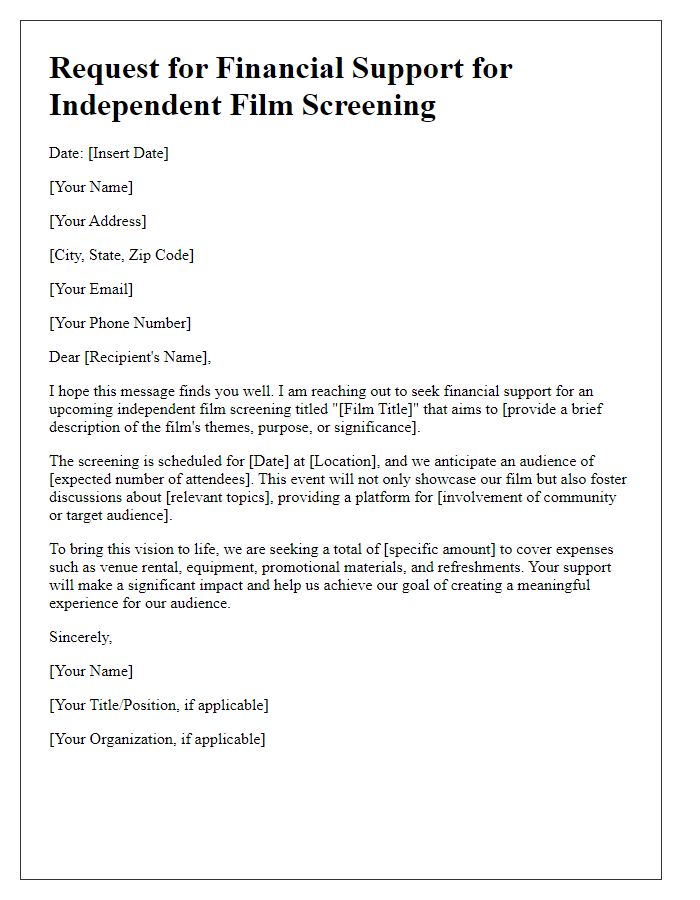 Letter template of financial support request for independent film screening.