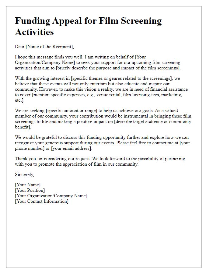 Letter template of funding appeal for film screening activities.