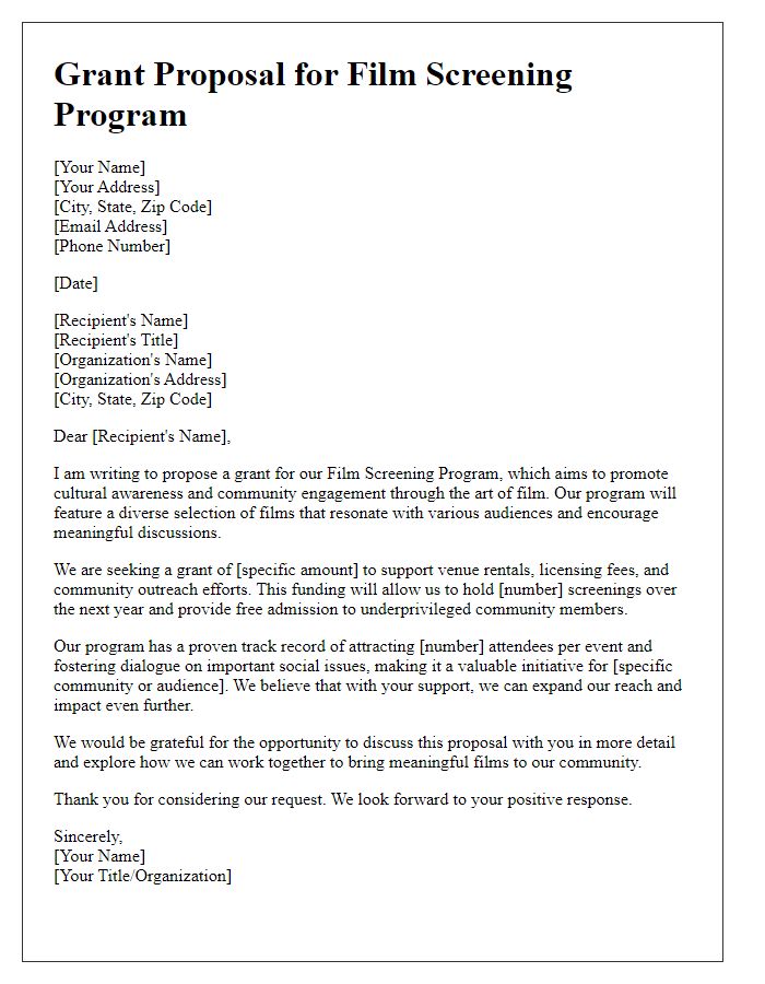 Letter template of grant proposal for supporting a film screening program.