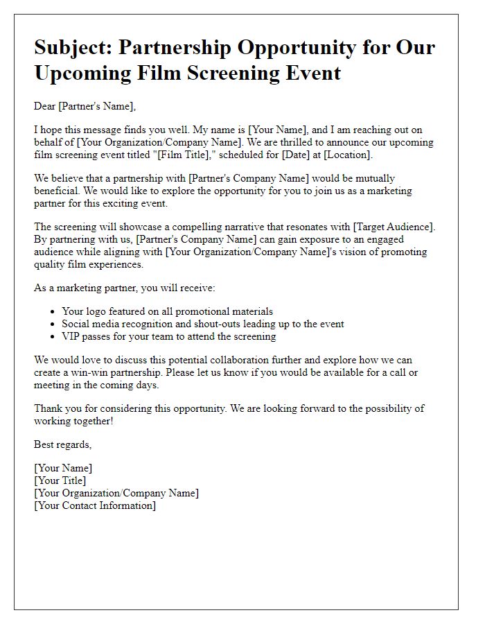 Letter template of marketing partnership request for a film screening event.