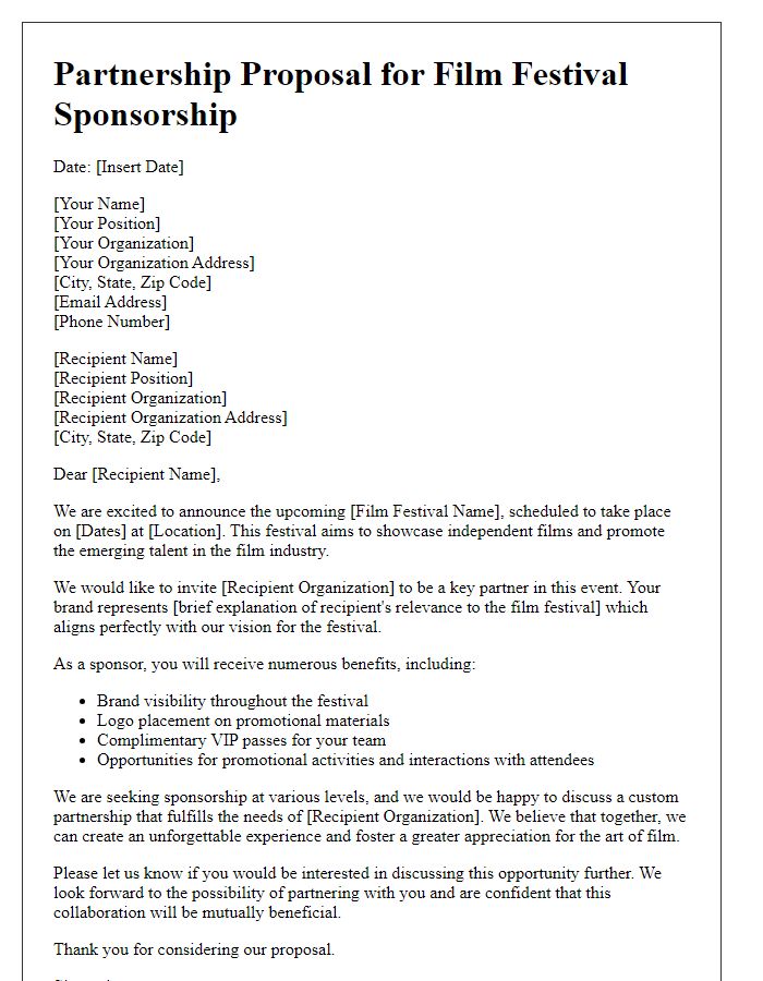 Letter template of partnership proposal for film festival sponsorship.