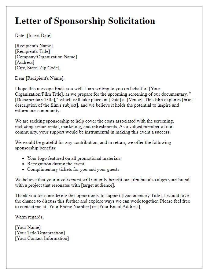 Letter template of sponsorship solicitation for documentary film showing.