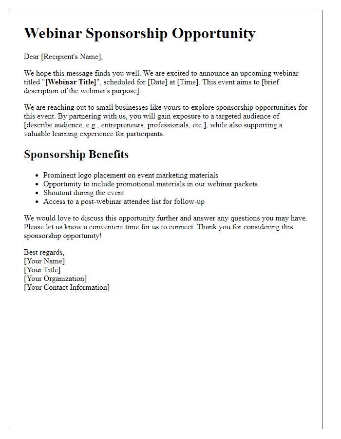 Letter template of webinar sponsorship opportunity for small businesses.