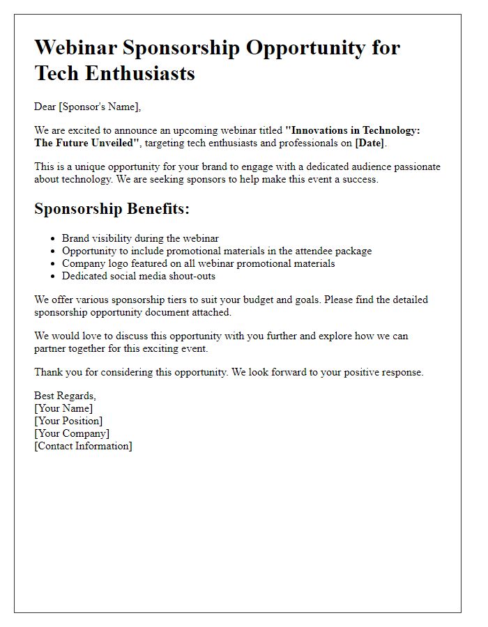 Letter template of webinar sponsorship opportunity for tech enthusiasts.