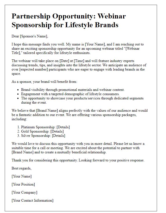 Letter template of webinar sponsorship pitch for lifestyle brands.