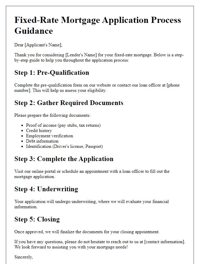 Letter template of fixed-rate mortgage application process guidance