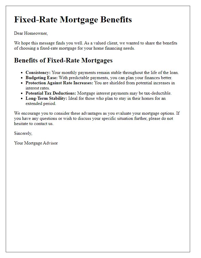 Letter template of fixed-rate mortgage benefits for homeowners