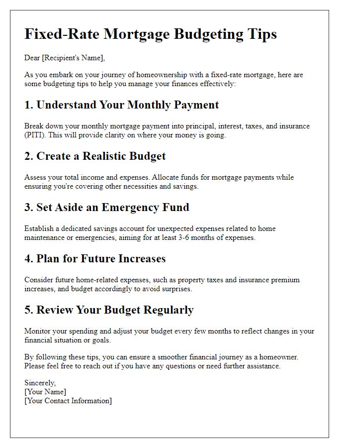 Letter template of fixed-rate mortgage budgeting tips