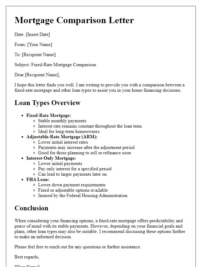 Letter template of fixed-rate mortgage comparison with other loan types