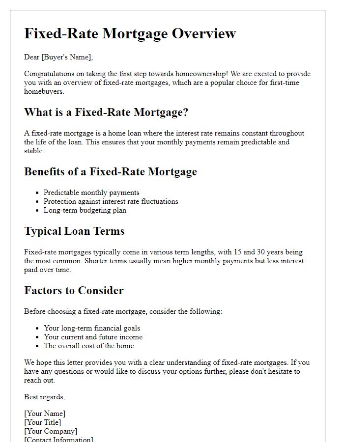 Letter template of fixed-rate mortgage overview for first-time buyers