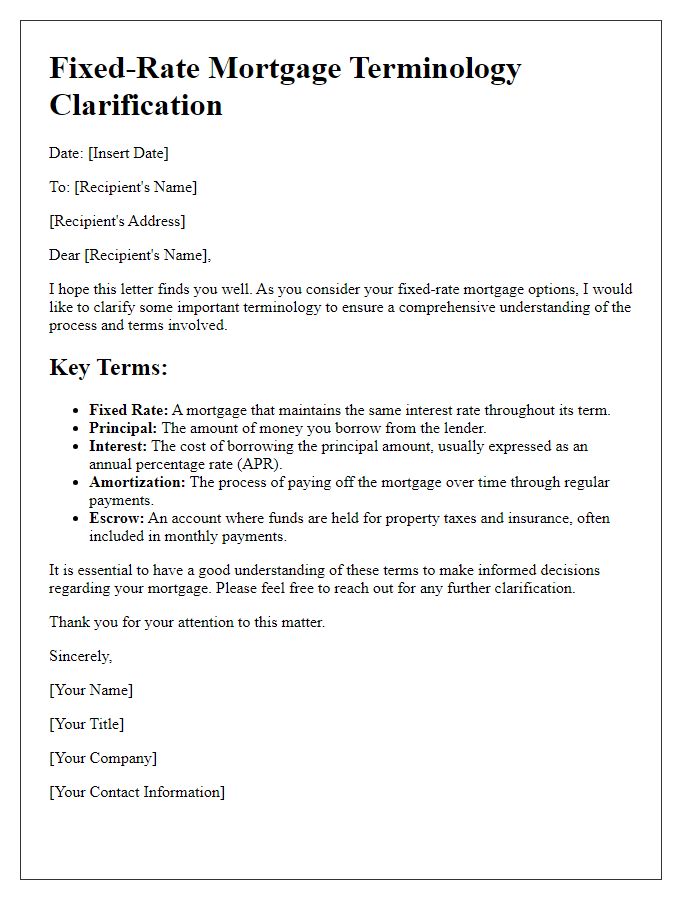 Letter template of fixed-rate mortgage terminology clarification