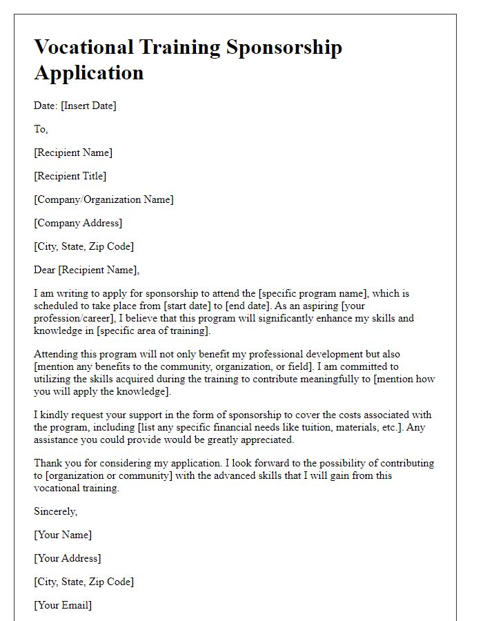 Letter template of vocational training sponsorship application for a specific program.