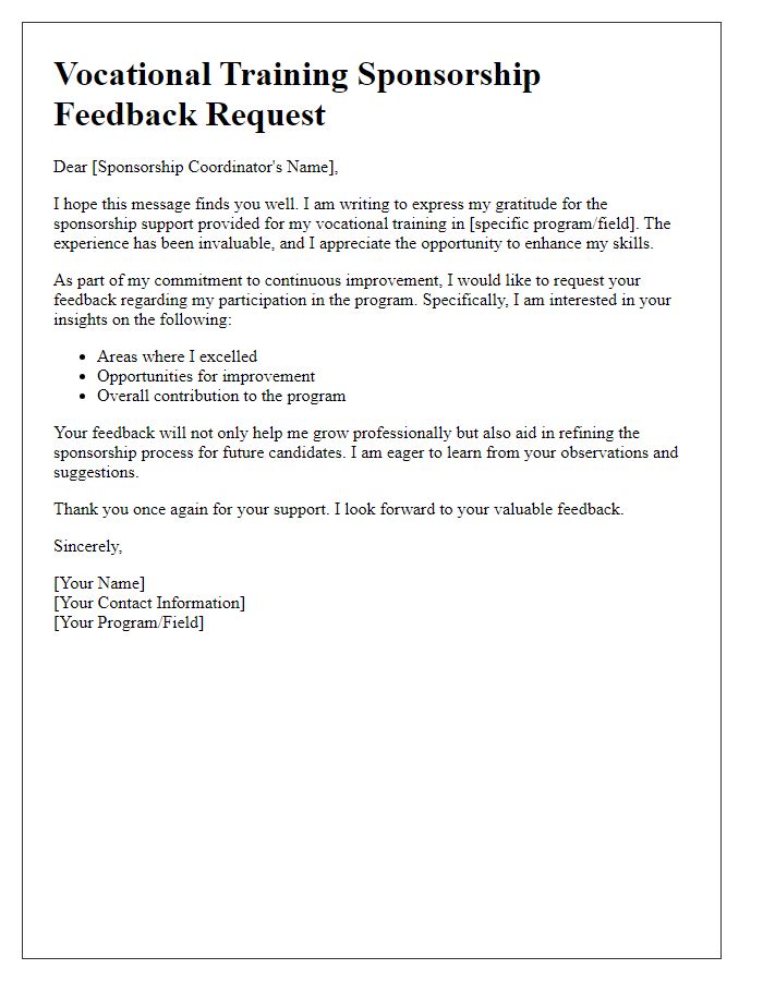 Letter template of vocational training sponsorship feedback request for improvement.