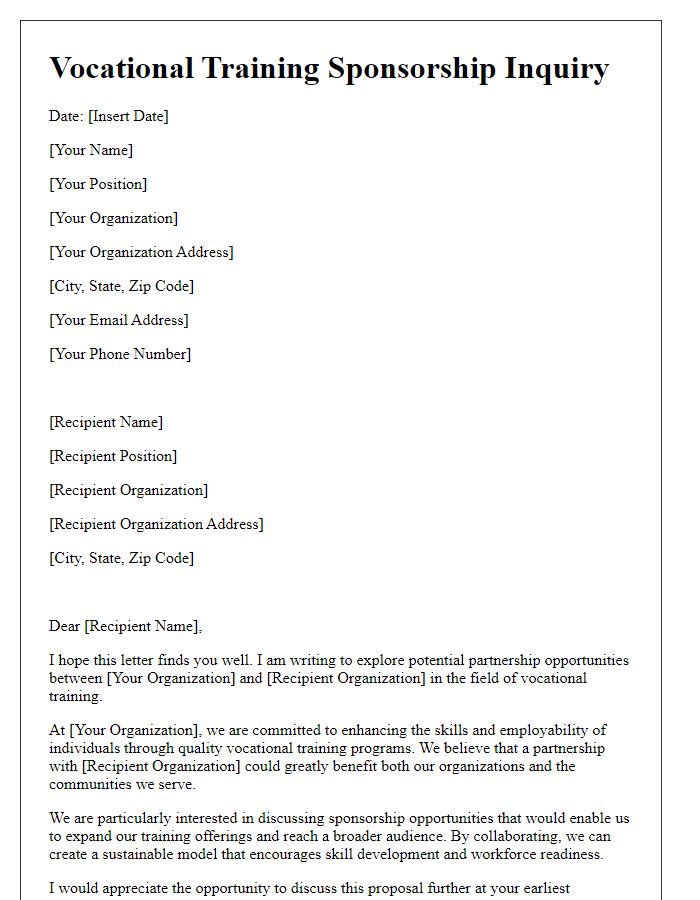 Letter template of vocational training sponsorship inquiry for partnership opportunities.