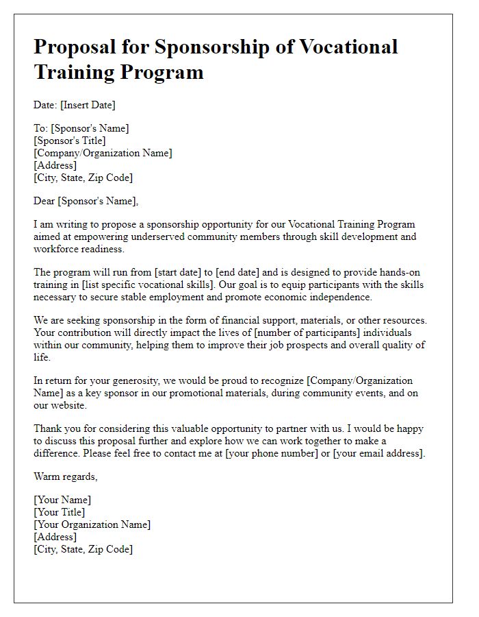 Letter template of vocational training sponsorship proposal for community outreach.