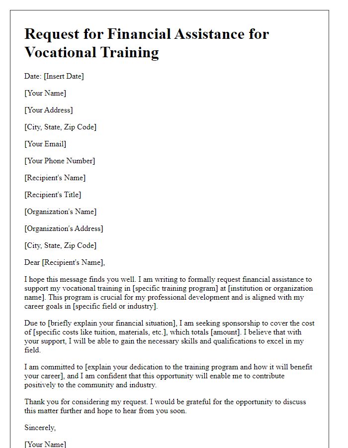 Letter template of vocational training sponsorship request for financial assistance.