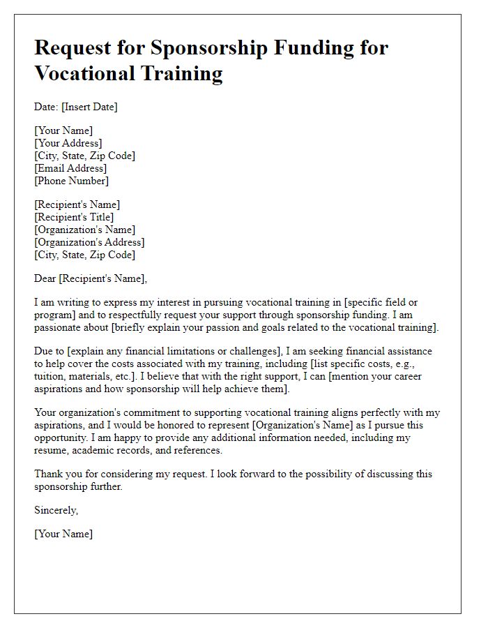 Letter template of vocational training sponsorship request for scholarship funding.