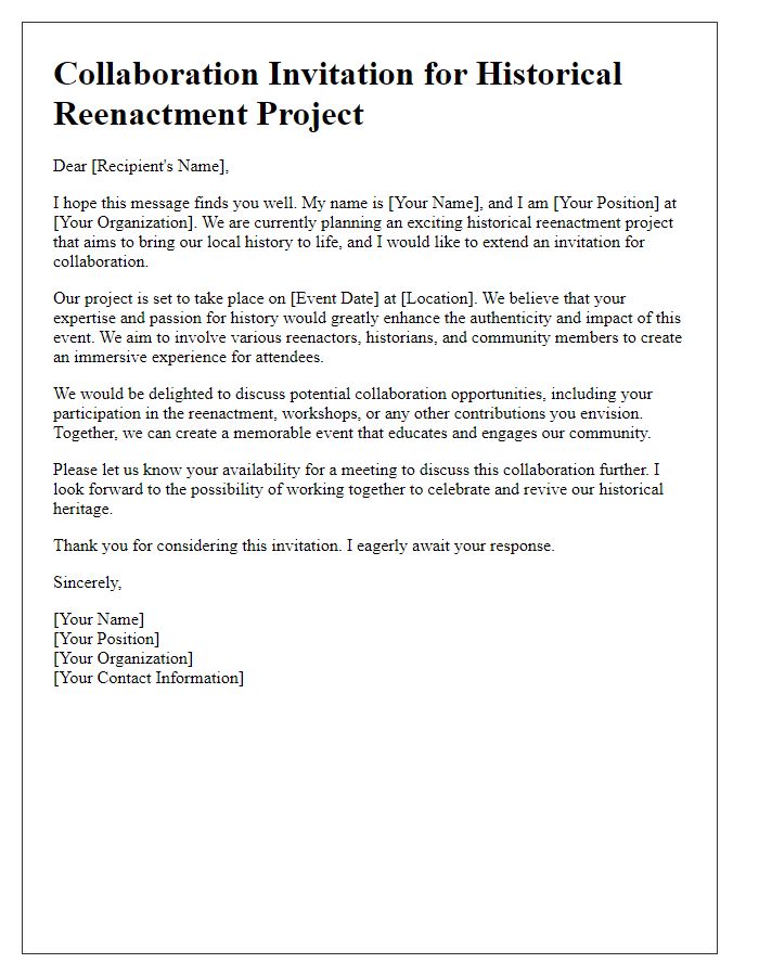 Letter template of collaboration invitation for a historical reenactment project.