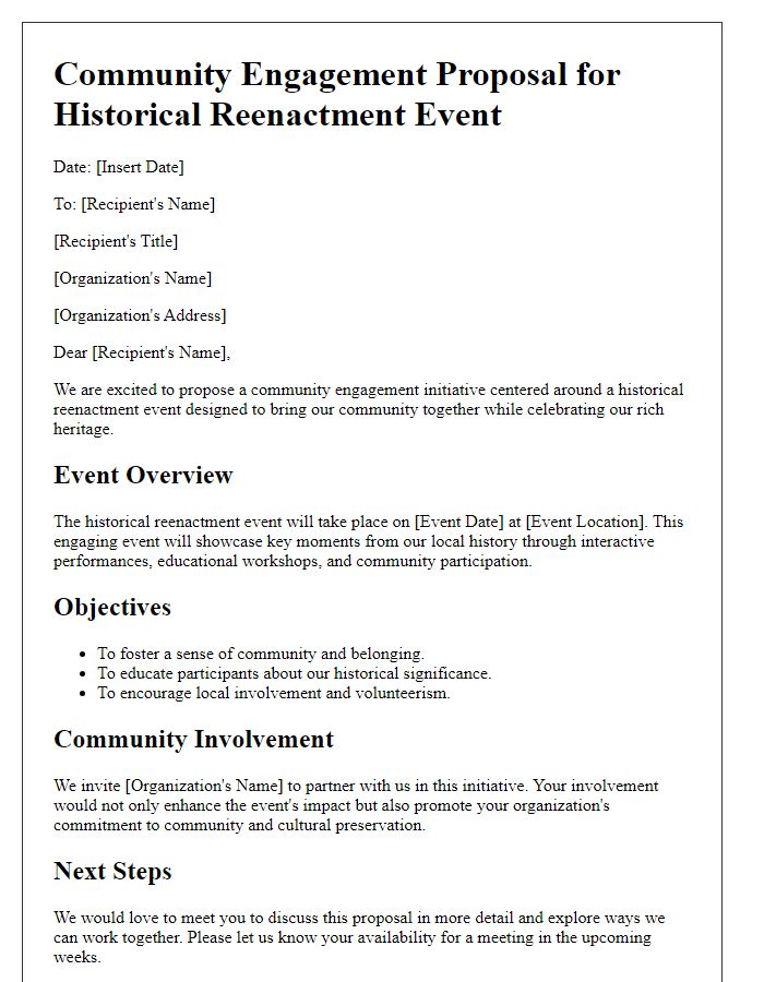 Letter template of community engagement proposal for a historical reenactment event.