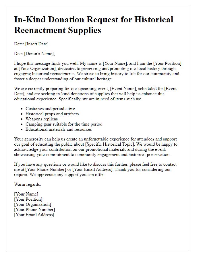 Letter template of in-kind donation request for historical reenactment supplies.