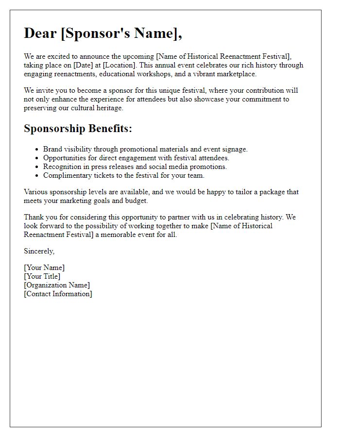 Letter template of sponsorship opportunity for a historical reenactment festival.