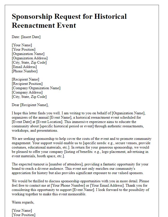 Letter template of sponsorship request for a historical reenactment event.