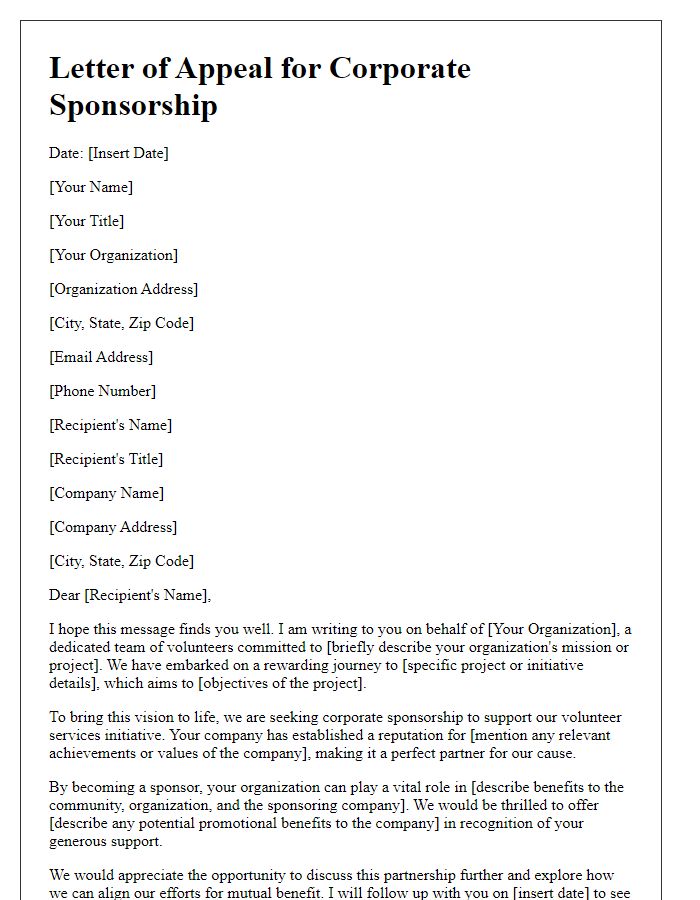 Letter template of appeal for corporate sponsorship in volunteer services