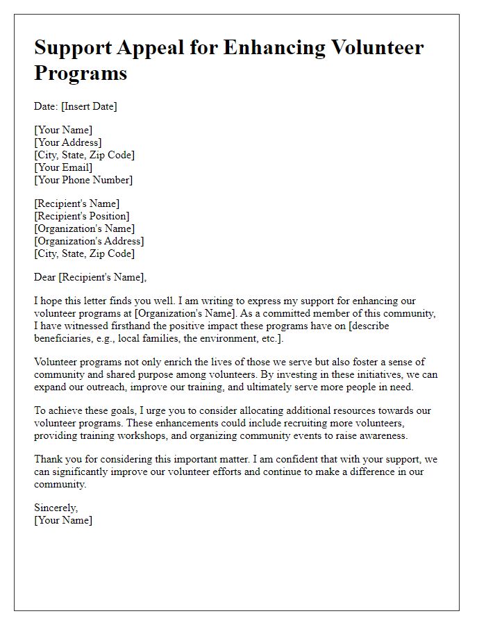 Letter template of support appeal for enhancing volunteer programs