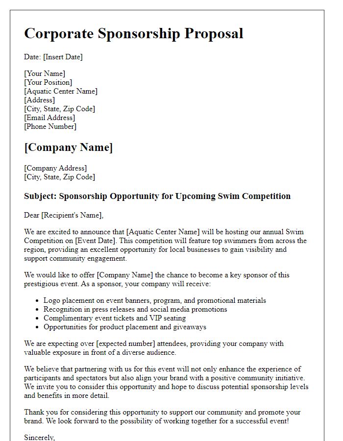 Letter template of corporate sponsorship offer for aquatic center swim competition.