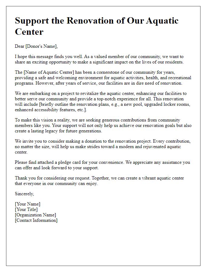 Letter template of donor solicitation for aquatic center renovation.