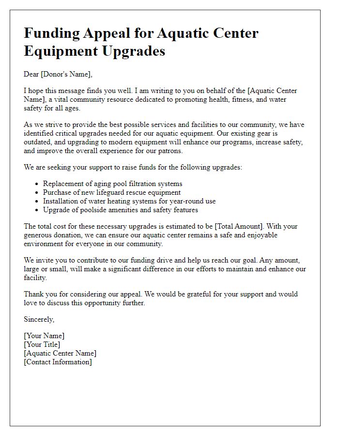 Letter template of funding appeal for aquatic center equipment upgrades.