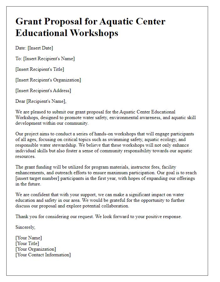 Letter template of grant proposal for aquatic center educational workshops.