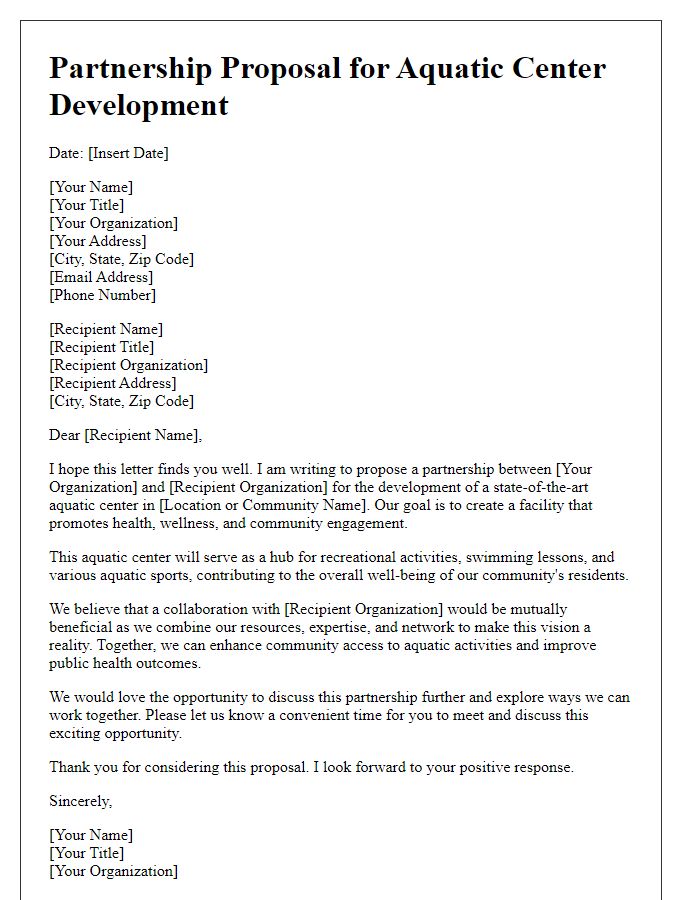 Letter template of partnership proposal for aquatic center development project.