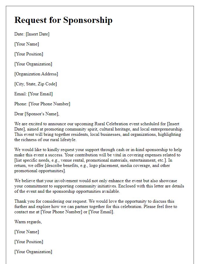 Letter template of appeal for cash or in-kind sponsorship for rural celebration.