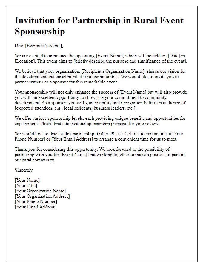 Letter template of invitation for partnership in rural event sponsorship.