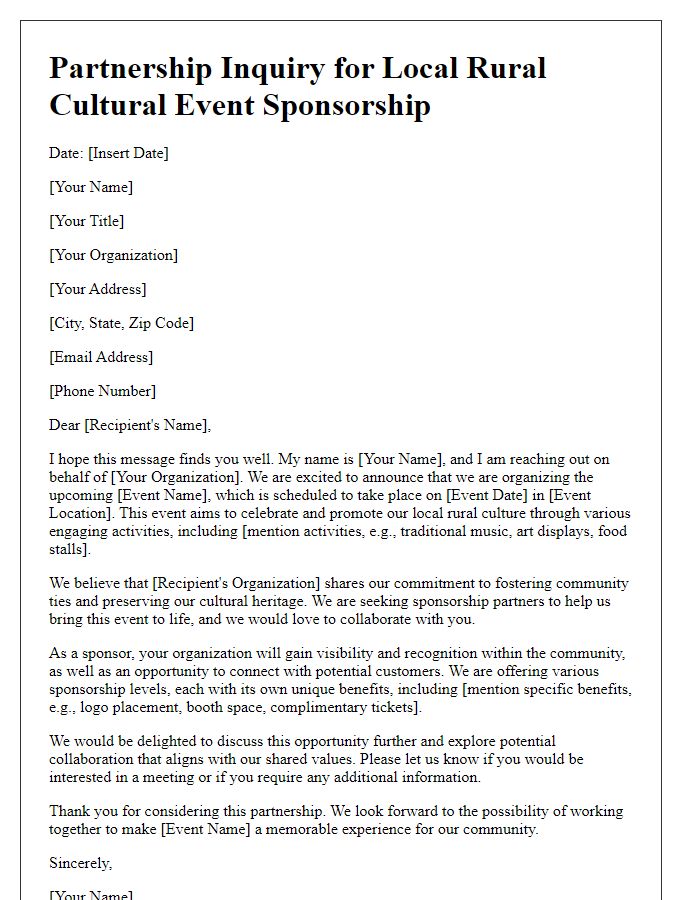 Letter template of partnership inquiry for local rural cultural event sponsorship.