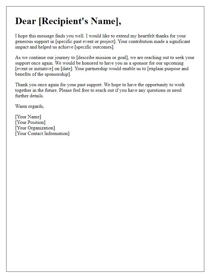 Letter template of thank you for previous support and request for future sponsorship.