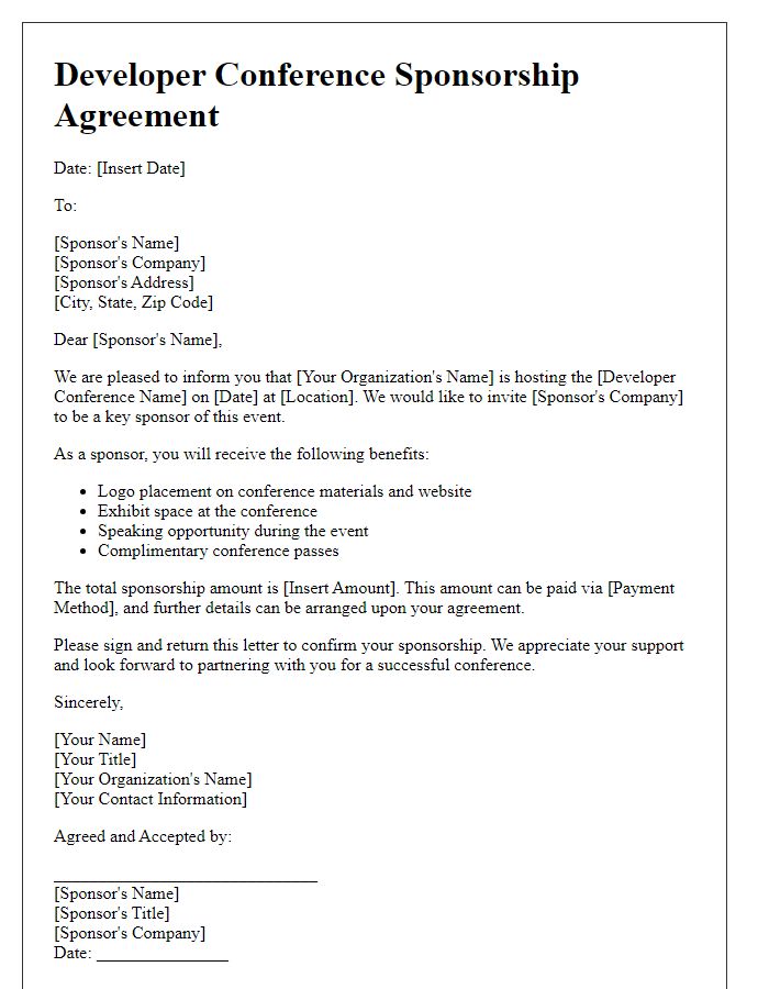 Letter template of agreement for developer conference sponsorship.