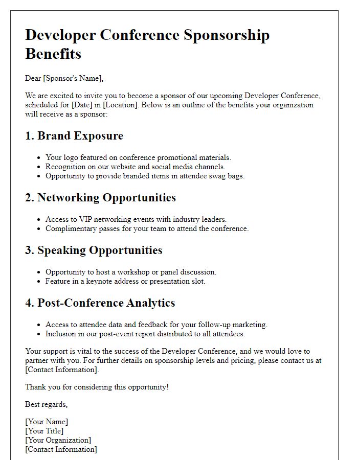 Letter template of benefits outline for developer conference sponsorship.