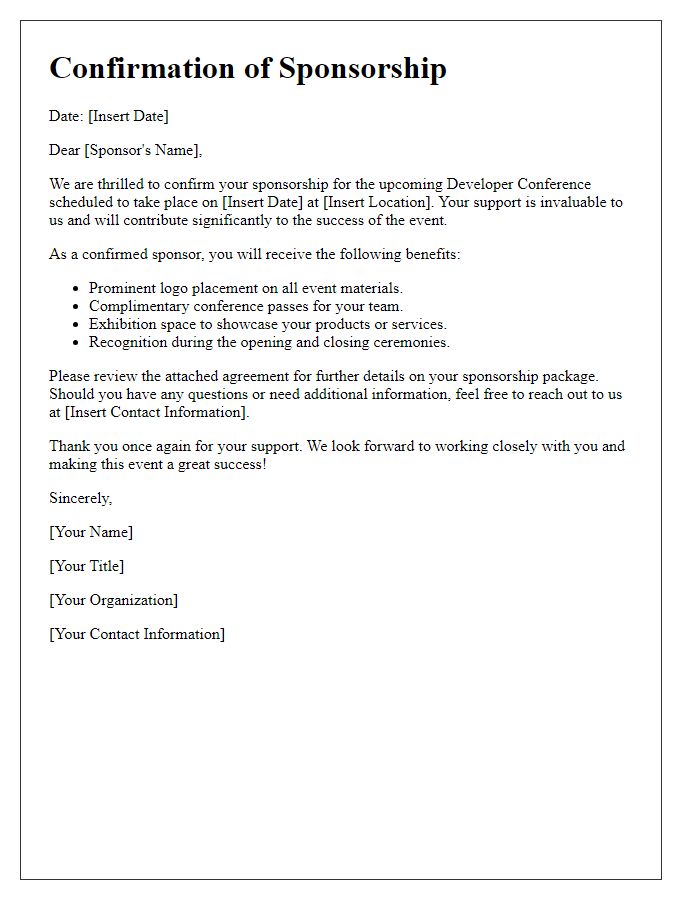 Letter template of confirmation for developer conference sponsorship.