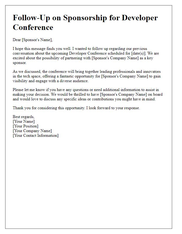 Letter template of follow-up for developer conference sponsorship.