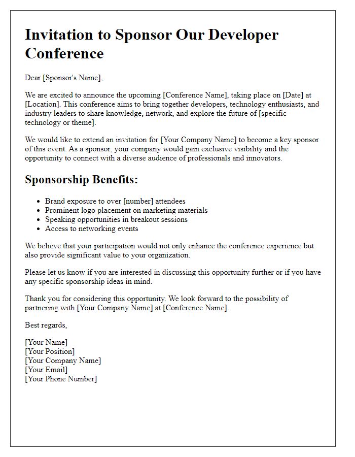 Letter template of invitation for developer conference sponsorship.