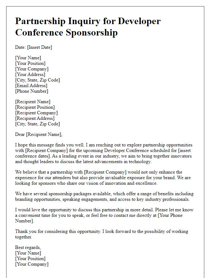 Letter template of partnership inquiry for developer conference sponsorship.