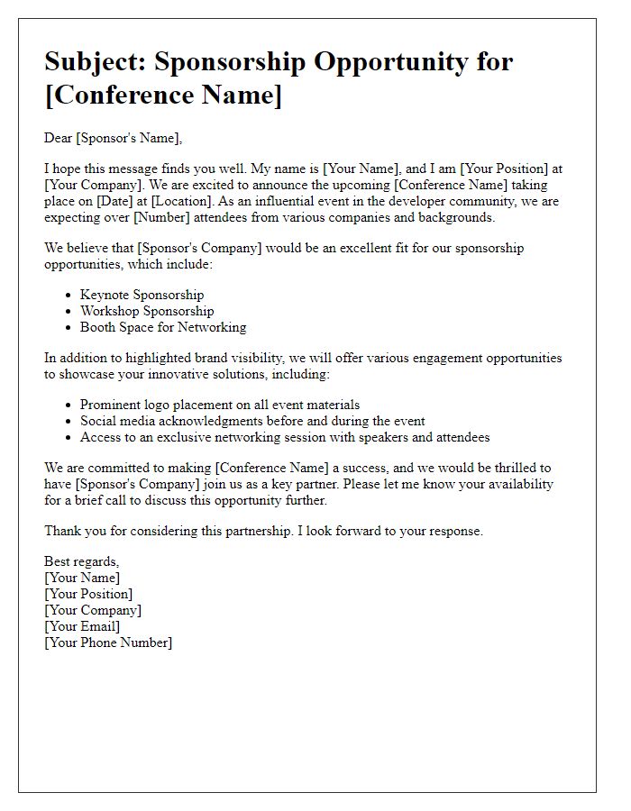 Letter template of personalized pitch for developer conference sponsorship.