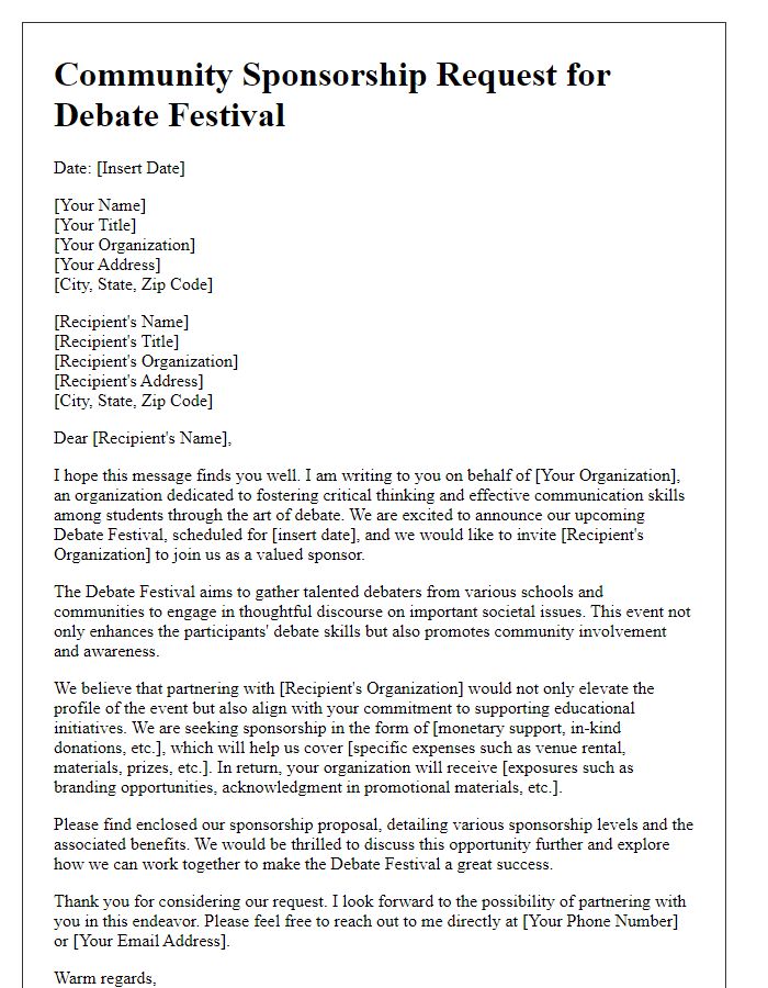 Letter template of community sponsorship request for debate festival