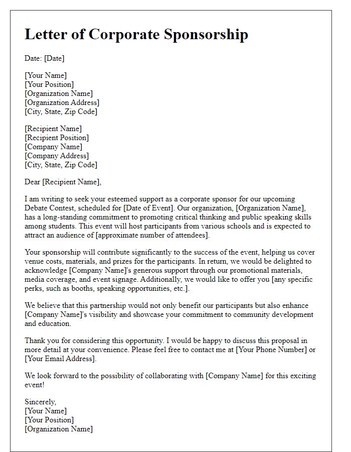 Letter template of corporate sponsorship for debate contest