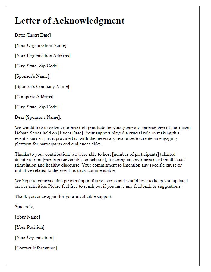 Letter template of sponsorship acknowledgment for debate series