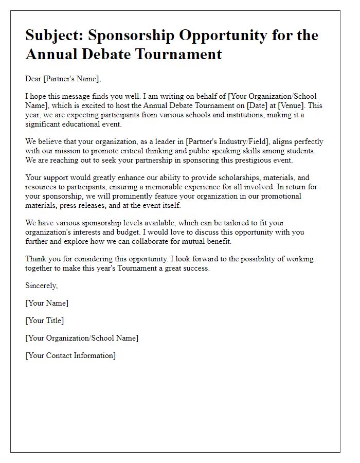 Letter template of sponsorship appeal for debate tournament partners