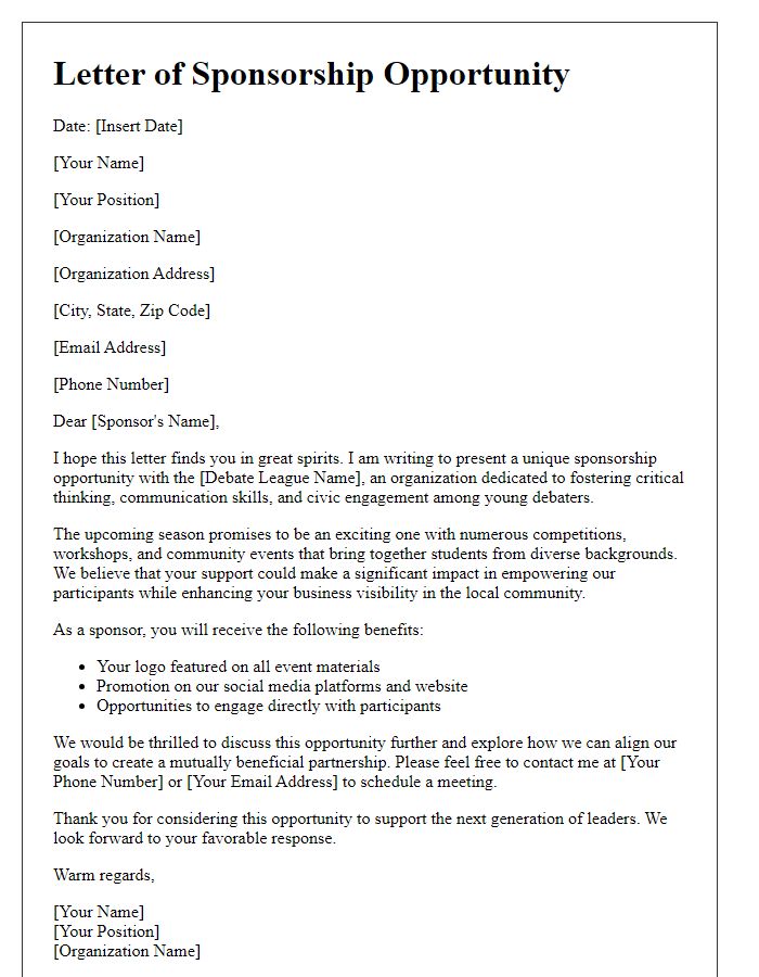 Letter template of sponsorship opportunity for debate league